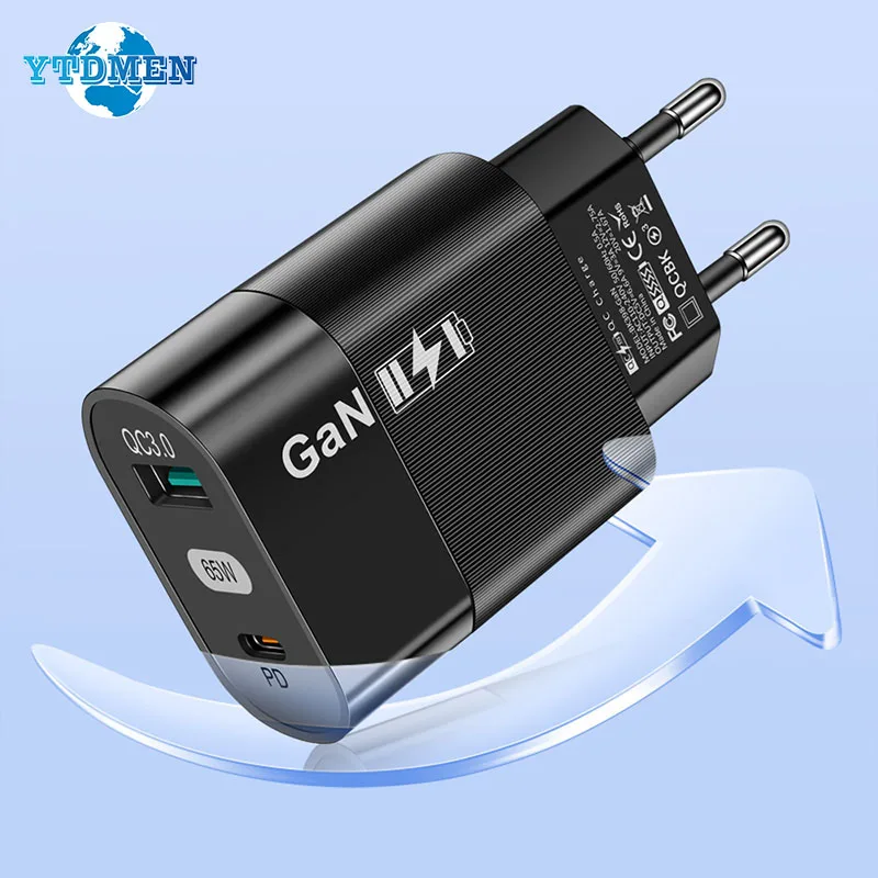 

GaN 65W USB C Charger Quick Charge 3.0 PD Type C Portable 2 Ports Phone Adapter For iPhone 14 13 Pro MacBook Xiaomi Samsung