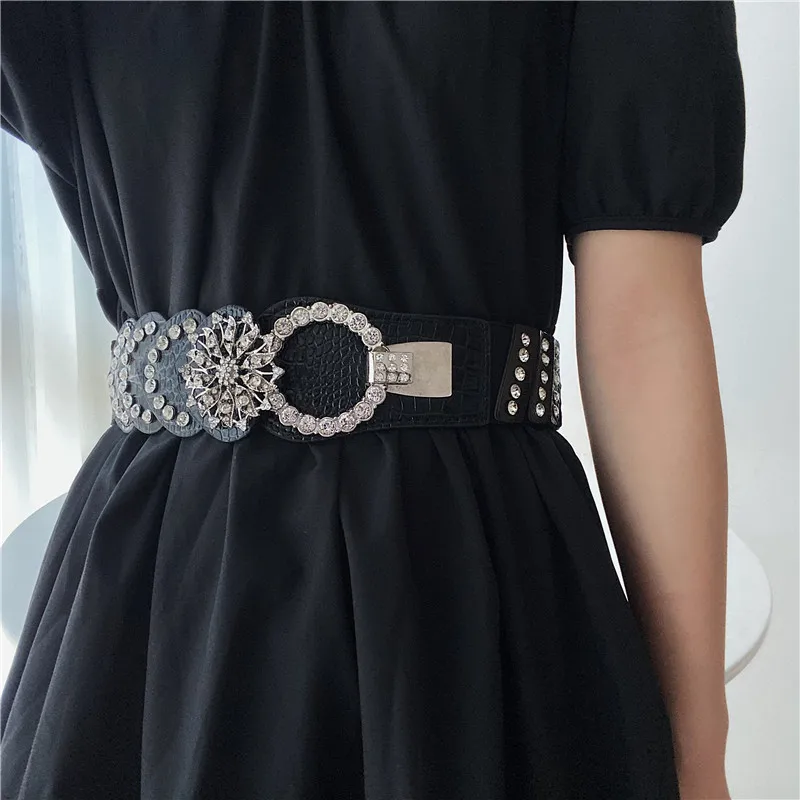 X6023 Lady Rhinestone Inlaid Belt Women Fashion Chain Belt Versatile Elastic Waistband High Elastic Dress Belt