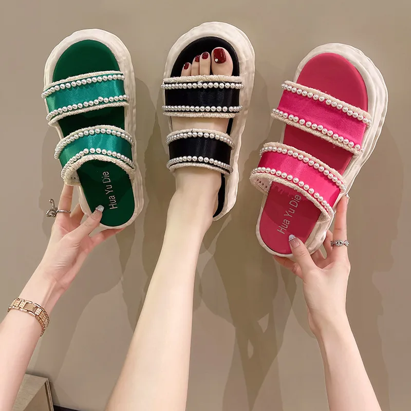 

Slippers Casual Med Women's Shoes With Platform Pantofle Slides String Bead Shale Female Beach Luxury 2022 Soft Flat Sabot PU Fa