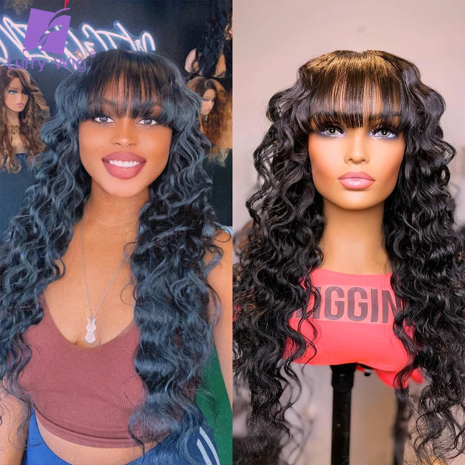 Loose Deep Wave Human Hair Brazilian Remy No Lace Wig With Bangs Deep Curly 200 Density Full Machine Made Scalp Top Wig
