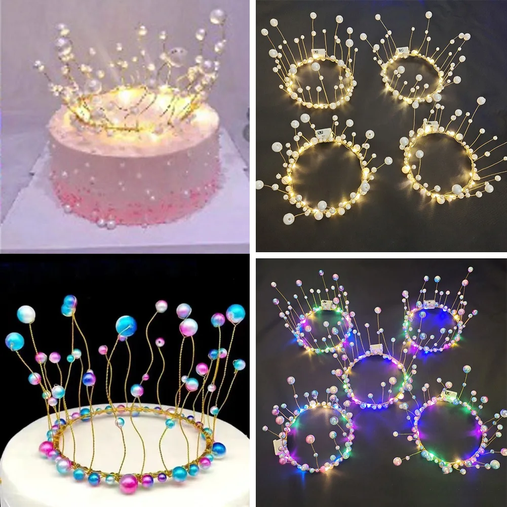 

LED Pearl Crown Cake Toppers Baby Happy Birthday Cupcakes Event Supplies Cupcakes Party Decoration Cake Decorating Tool