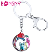 bonsny enamel alloy metal round shape sweet cat keychains kitten key chain ring fashion pets jewelry for women girls charms gift