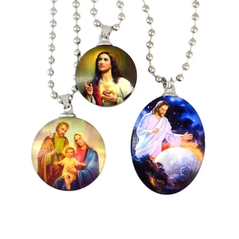 

12x Jesus Virgin Holy Family Saint Image Glass Pendant Necklace With Card Catholic Christian Orthodox Fashion Religious Jewelry