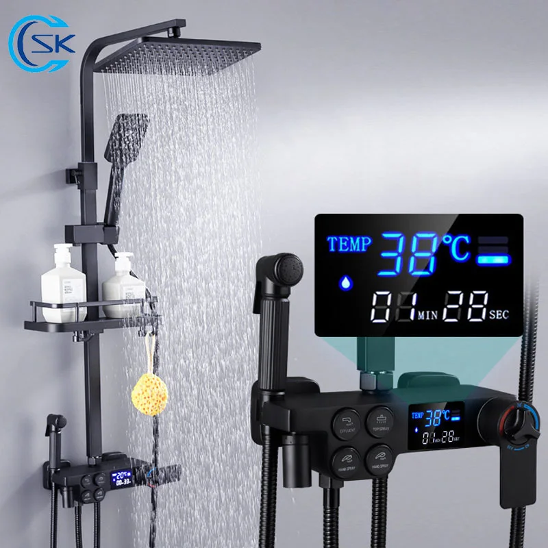 

Black Thermostatic Digital Display Bathroom Faucet Cold Hot Water Rainfall Shower Set With 12 Inch Shower Head Shower System