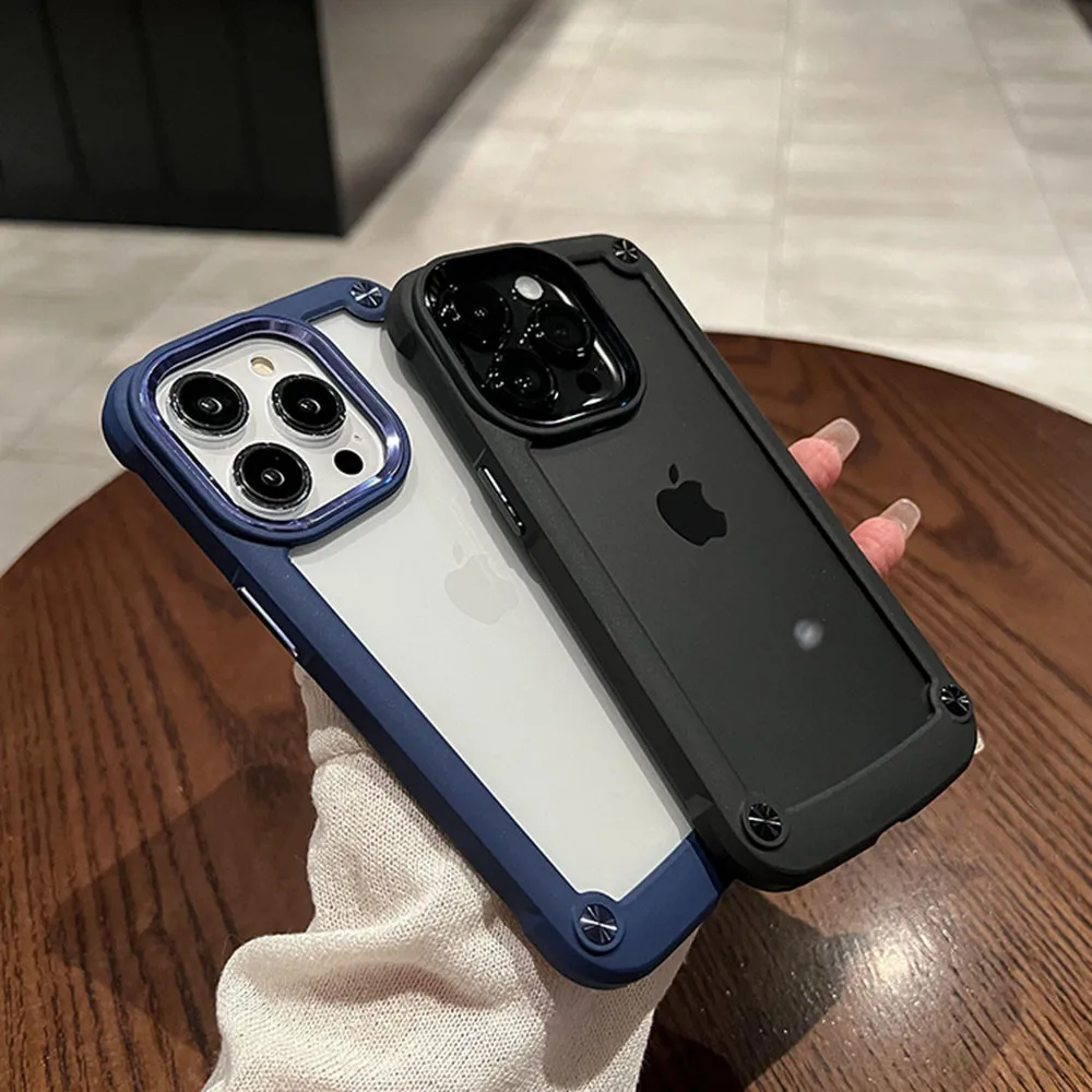 Luxury Clear Armor Shockproof Acrylic Hard Case for iphone 14 Pro Max 13 12 Pro 11 X XS XR 7 8 Plus SE Metal Button Cover