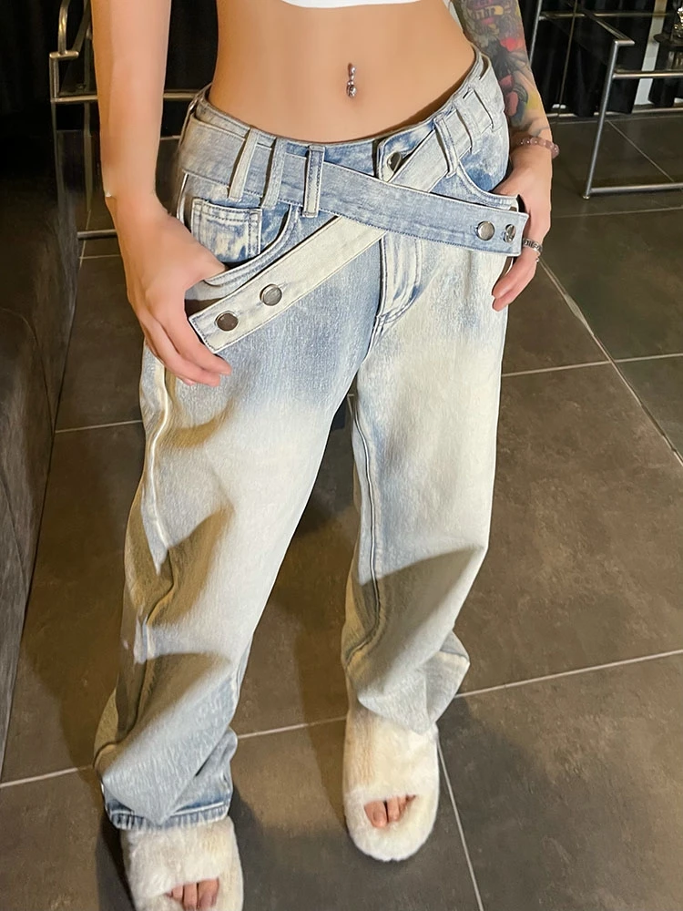 

Женские джинсовые брюки на пуговицах, повседневные Прямые брюки с широкими штанинами, мешковатые джинсы с завышенной талией, уличная одежда в винтажном стиле, Y2k, осень 2022