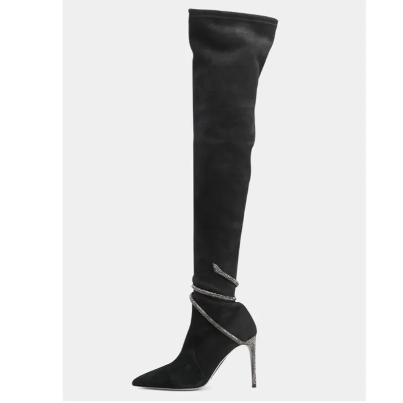 Черные бархатные женские сапоги выше колена со стразами Sapatos Feminino длинные туфли