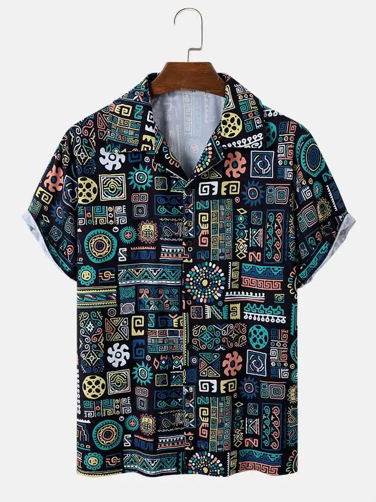 CharmkpR Fashion Men's Tribal Geometry Printing Blouse Casual Streetwear Male Lapel Collar Short Sleeve Button Shirts S-2XL 202