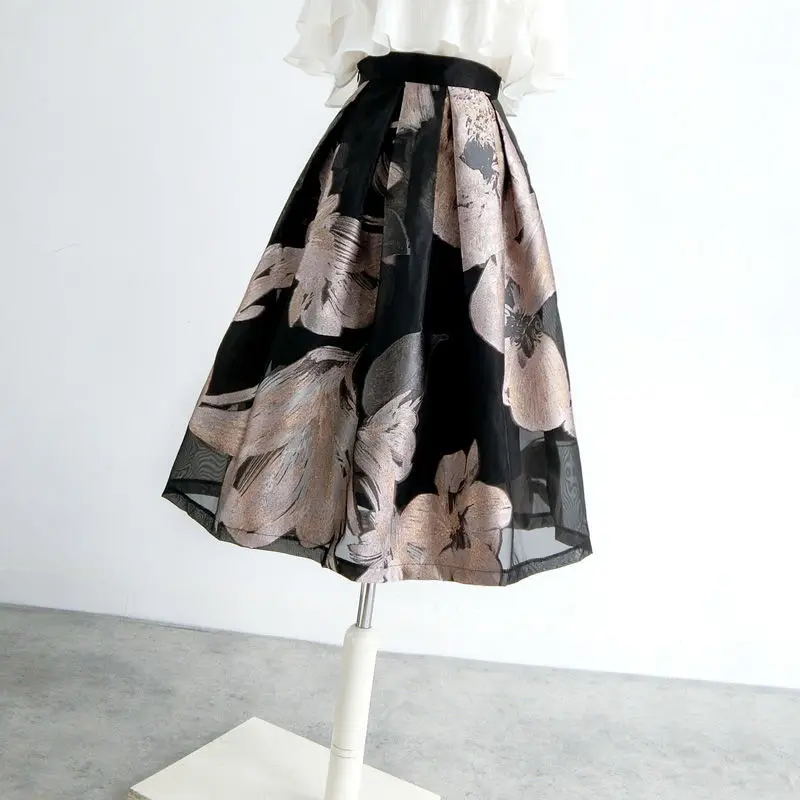 

Women 2022 Spring Summer New High Waist Loose Skirts Female Midi Long Thin Skirts Ladies Jacquard Print A-line Skirts I221
