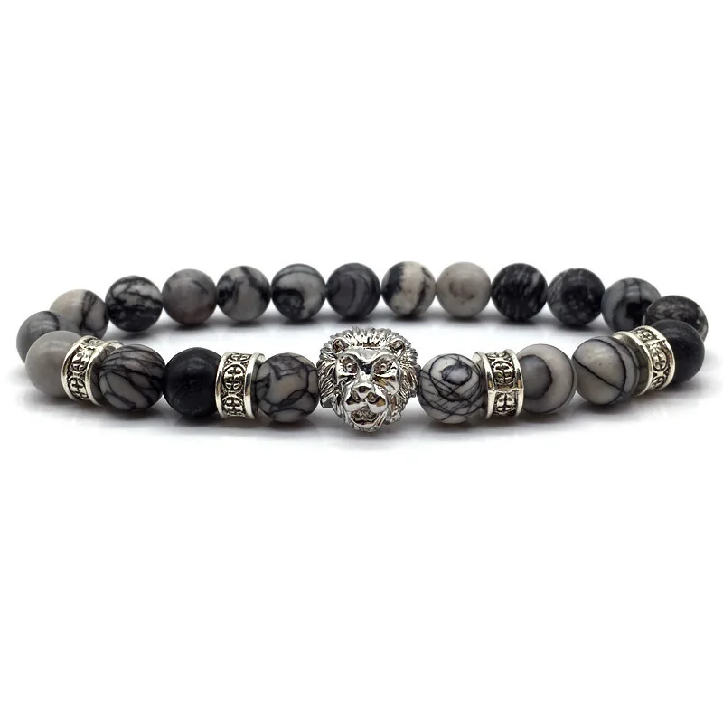 

Fashion New Lion Round Tube Charm Bracelet Men Vintage Handmade 8mm Strand Stone Bead Bracelet For Men Jewelry Gift