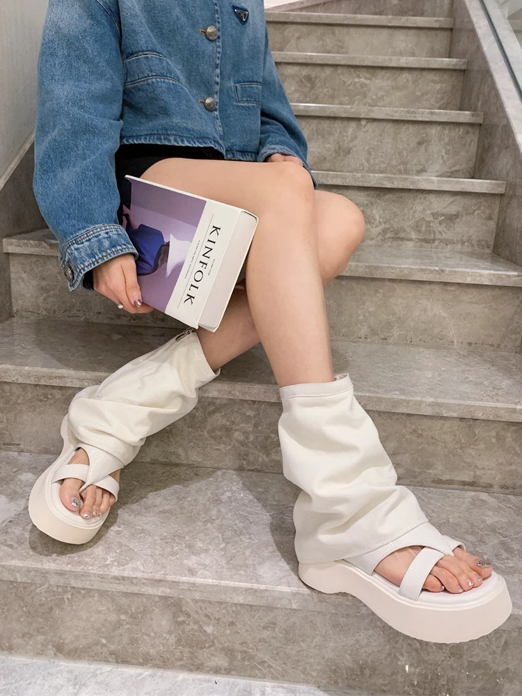 2023 Dark Hot Girl Style Sweet Cool Flip Toe Platform Denim Pants Tube Sandals Open Toe Mopping Floor Boots Women's Shoes