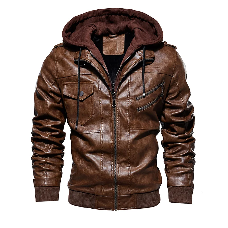 Men's Leather Jacket Casual Motorcycle Removable Hooded Pu Leather Jacket 2022 New Male Zipper PU Coat Warm Outerwear Clothing