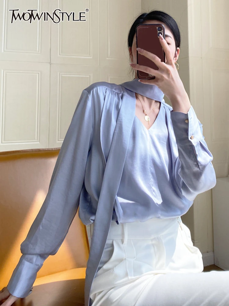 

TWOTWINSTYLE Elegant Solid Blouses Female V Neck Long Sleeve Patchwork Lace Up Temperament Pullovers For Woman 2022 Clothing New