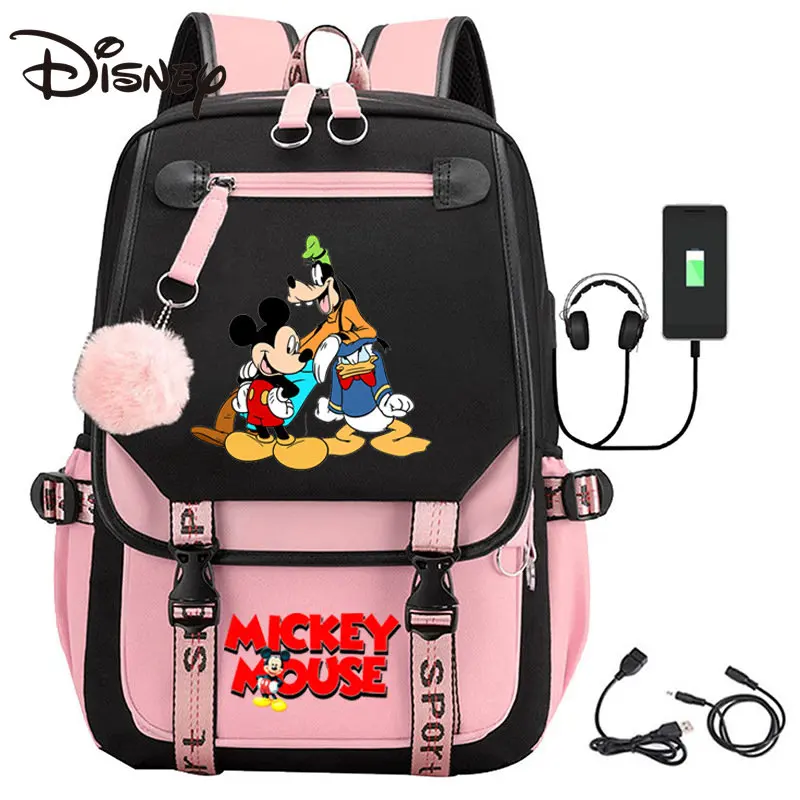 Disney High School Student School Bag USB Rechargeable Laptop Backpack Girls Student Mickey Mouse School Bag