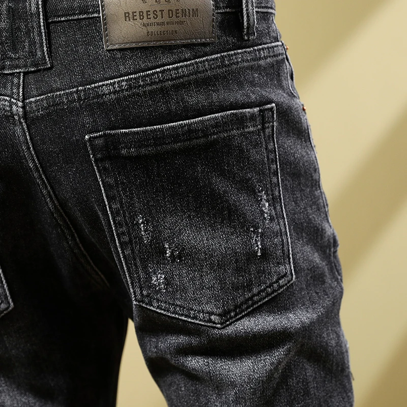 High Street Fashion Men Jeans Retro Black Gray Stretch Skinny Fit Ripped Jeans Men Pocket Designer Patched Hip Hop Pants Hombre