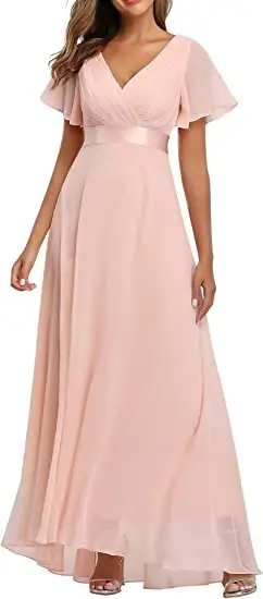 

Женское шифоновое платье подружки невесты, длинное Плиссированное Платье с V-образным вырезом и рукавами-крылышками для официальной вечеринки и выпускного вечера