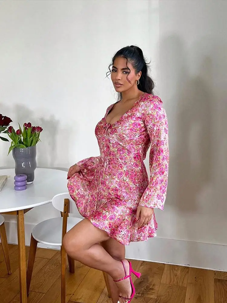 

Floral Printing Ruffle Tied Pink Mini Dress For Woman 2023 Elegant Lace Up Long Sleeve Short Dresses Lady Club Party Dresses