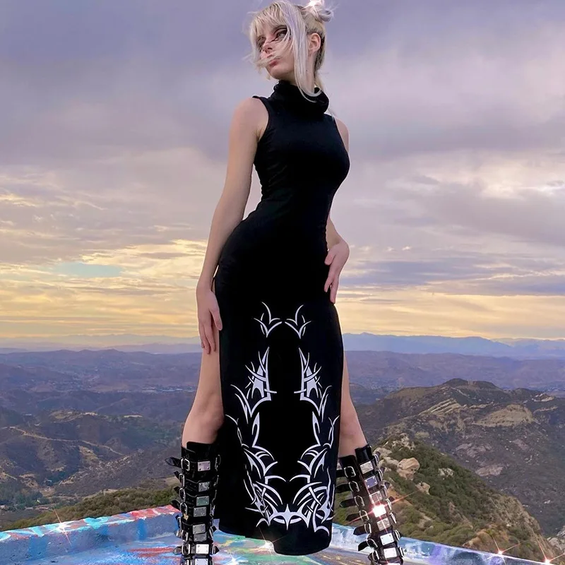 

Goth Turtleneck Gothic Punk Black Midi Dark Grunge Dresses Aesthetic Slim Print Women Praty Dress Sexy Emo Clubwear Alt Clothes