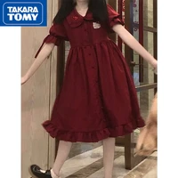 takara tomy spring summer new girl sweet and cute hellokitty embroidered wine red dress student doll collar loose a line skirt