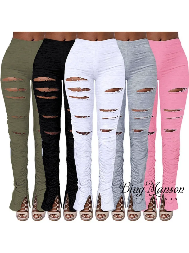 

Women's Tattered Solid Color Sweater Fabric with Pleated and Fashionable Casual Split Micro Flared Sports Pants, Street Clothing