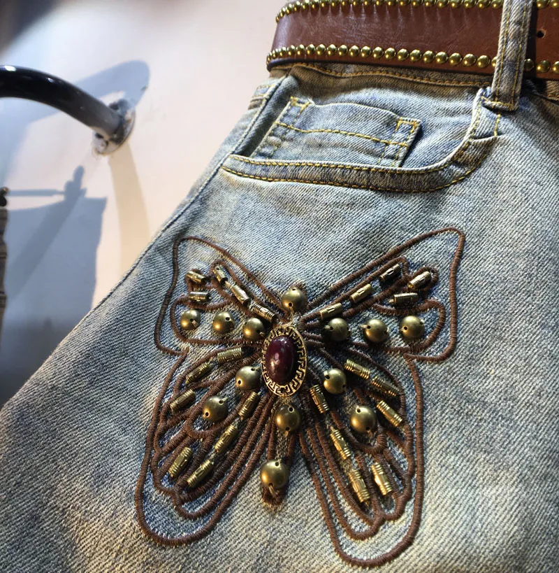 European Station 2023 New Summer Embroidery Butterfly Beading High Waist Denim Shorts All-match Tassel Loose Wide Leg Pants