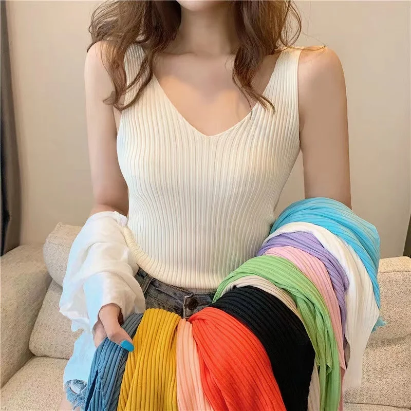 

Crop Korean Women Tank Skinny Suspender Ribbed V-neck Female Clothing Casual Plain Corset Summer Solid Knitted Tops Vest