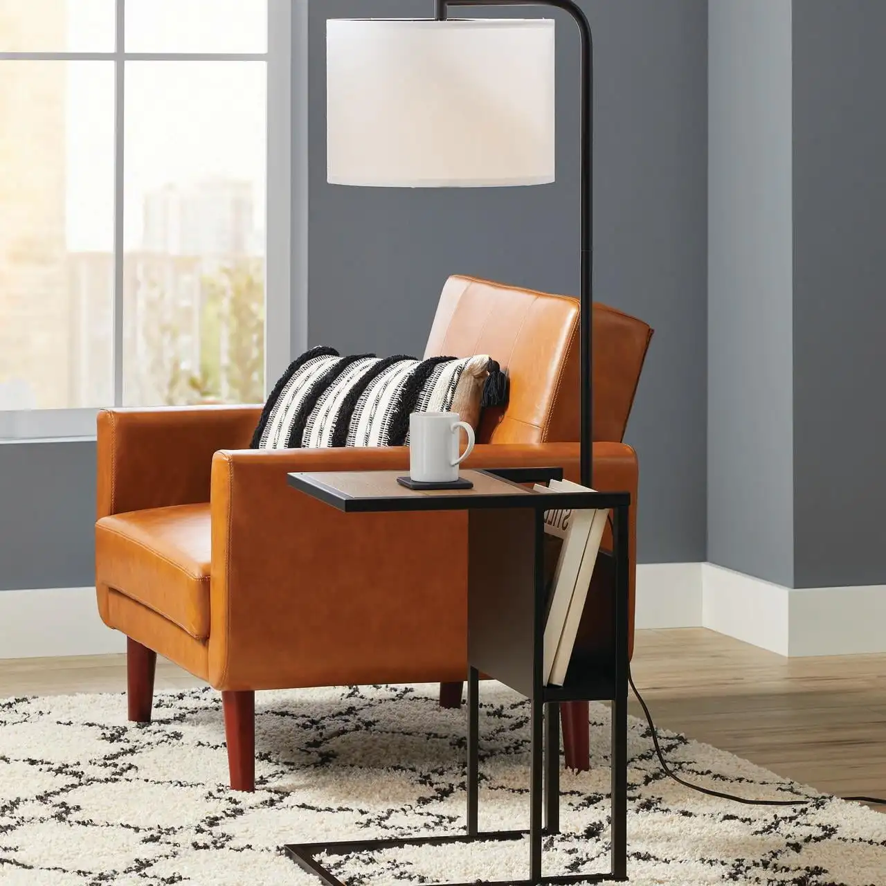 

Vintage-Style Matte Black Floor Lamp, with Magazine Rack