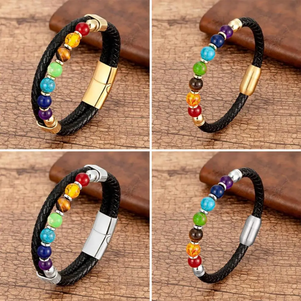 

Unique Charm Bracelet Rust-proof Men Bracelet Double Layer Braided Faux Leather Bracelet Decorate