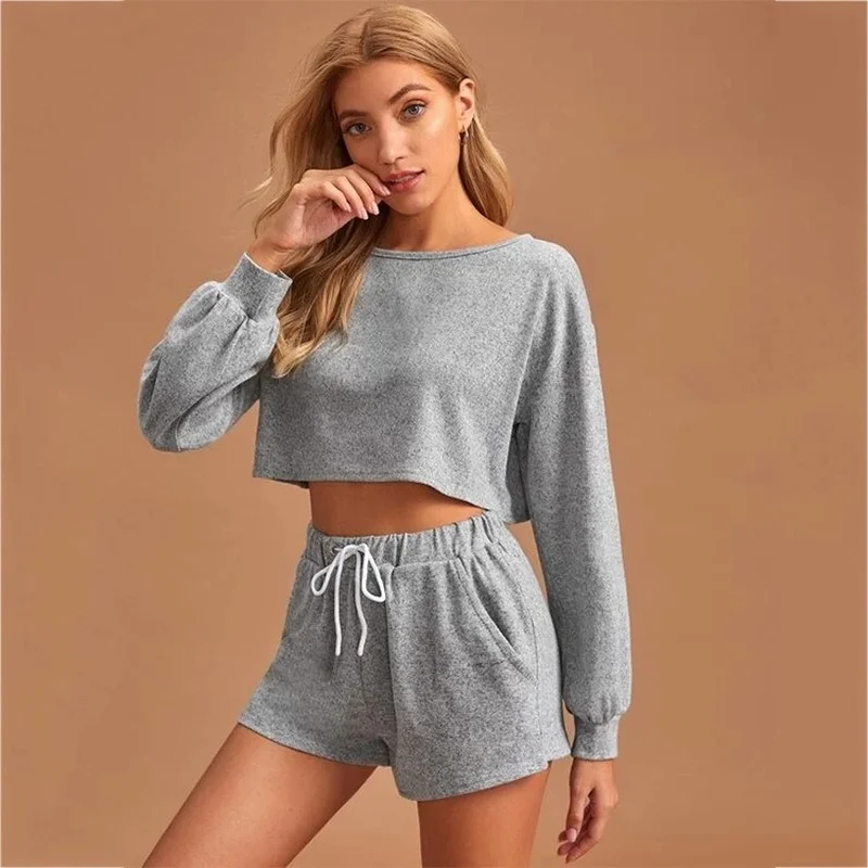 Two Piece Set Summer Pajamas for Women Solid Round Neck Long Sleeve Short Top Sweater Drawstring Shorts Sleepwear Set Woman Pjs