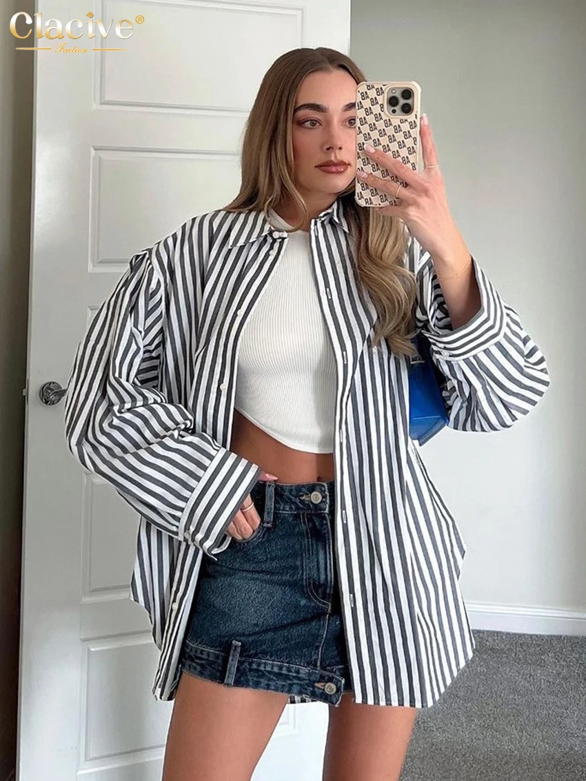 

Clacive Fashion Loose Stripe Women'S Shirt 2023 Elegant Lapel Long Sleeve Office Lady Shirt & Blouse Casual Tops Female Clothing