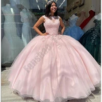 classic quinceanera dresses sleeveless pink o neck luxury vestido appliques beads sequin beads puffy for 15 girls ball gowns