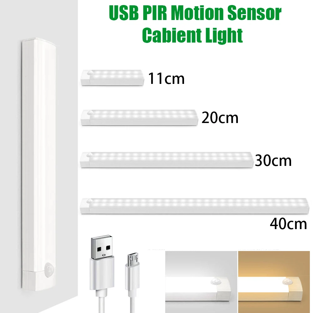 

USB PIR Motion Sensor LED Cabinet Light Night Lamp for Kitchen Cupboard Bedroom Closet Wardrobe Recharge LED Light 11/20/30/40cm