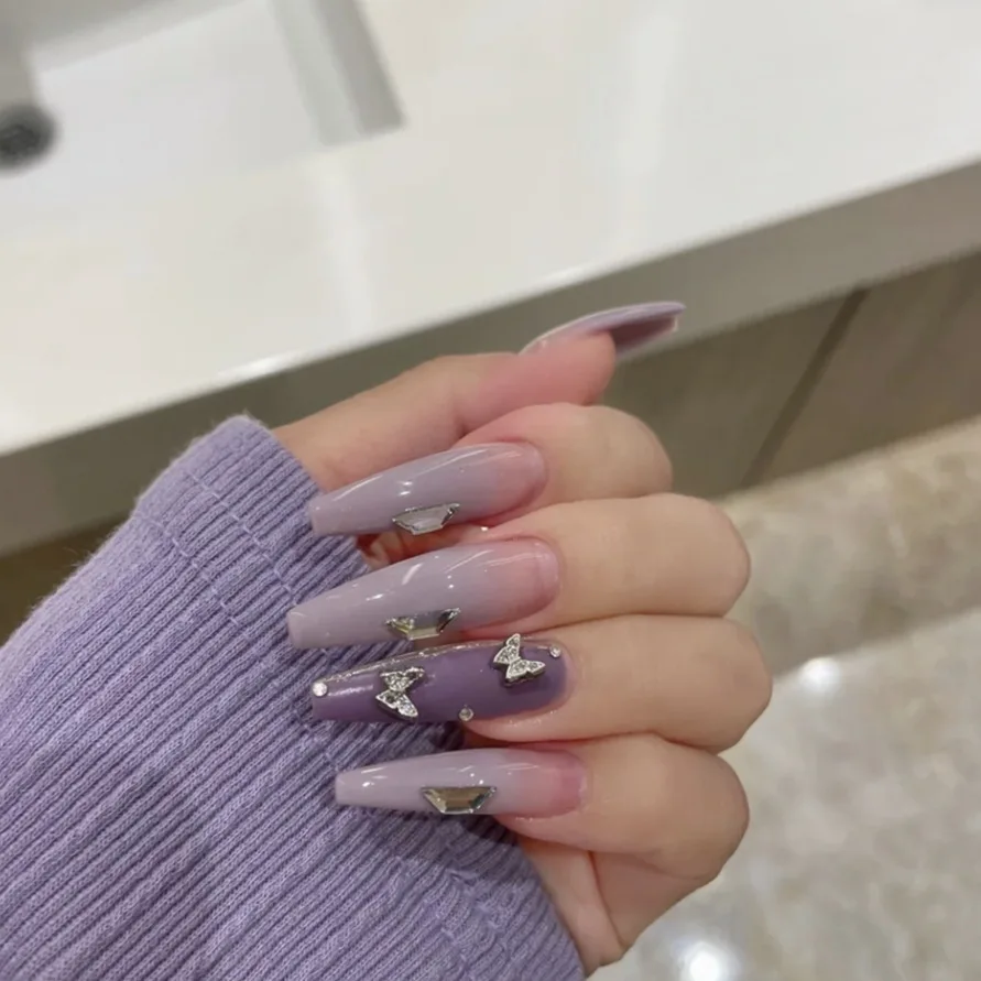 

24Pcs/Box with gluePurple Gradient Silver Butterfly long Ballet Wearable Ins style Fake Nails press on Nails Coffin false nails
