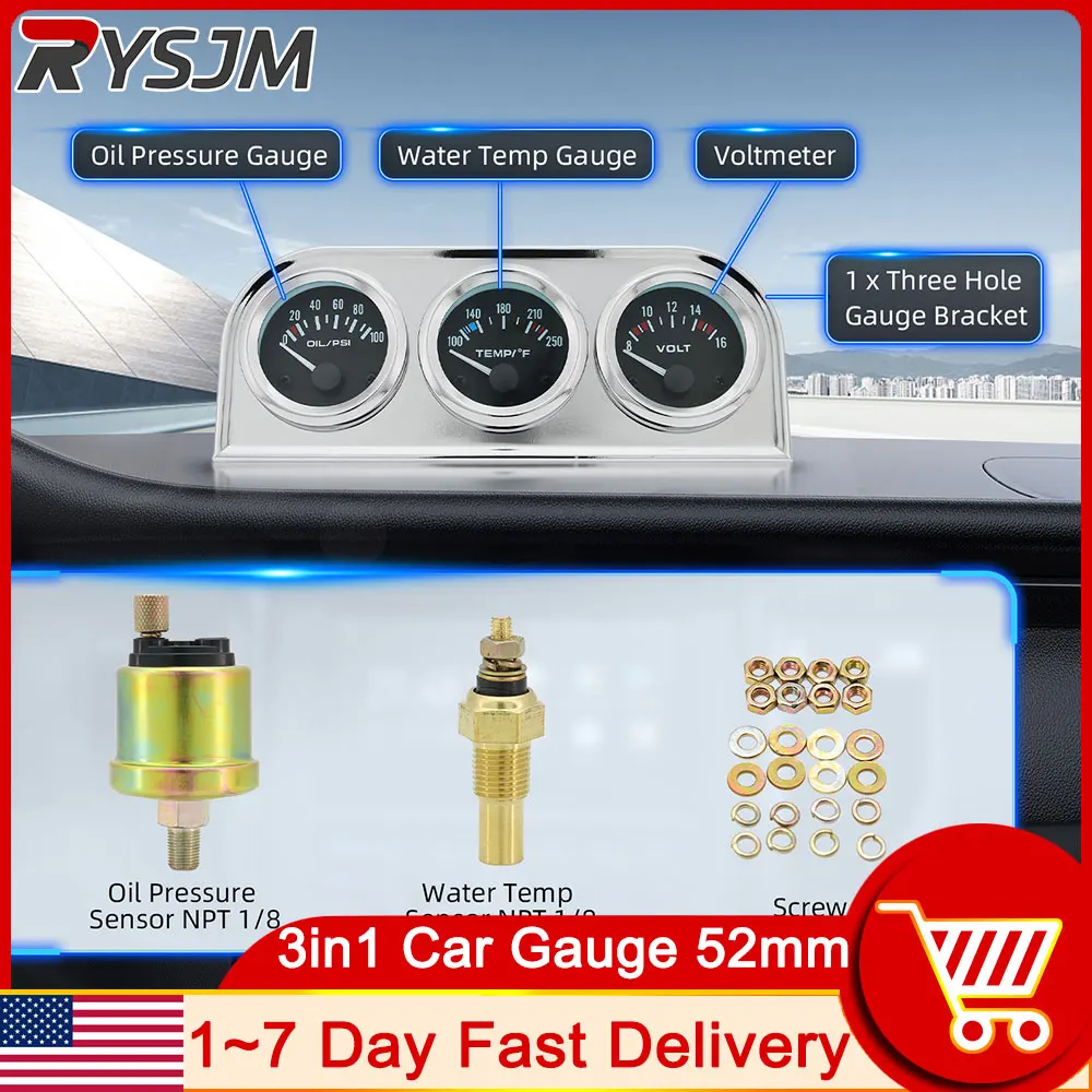 

52mm Triple Kit Oil Pressure Gauge + Oil Temp Gauge + Voltmeter 3 in1 Car Meter with Oil Pressure Temp Sensor 1/8NPT PSI 10MM