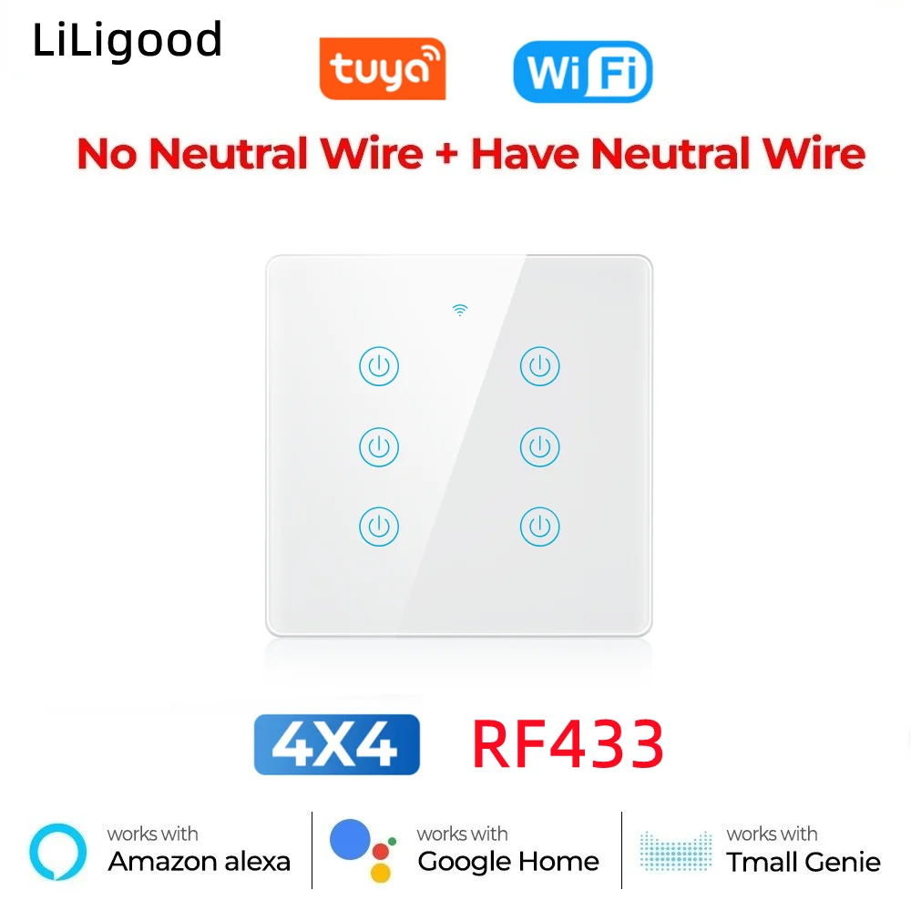 

LiLigood 4x4 Tuya Smart Switch Light Wall WiFi Switch RF433 Touch Panel 4/6 Gang Wireless Control Alexa Google Home 100-250V