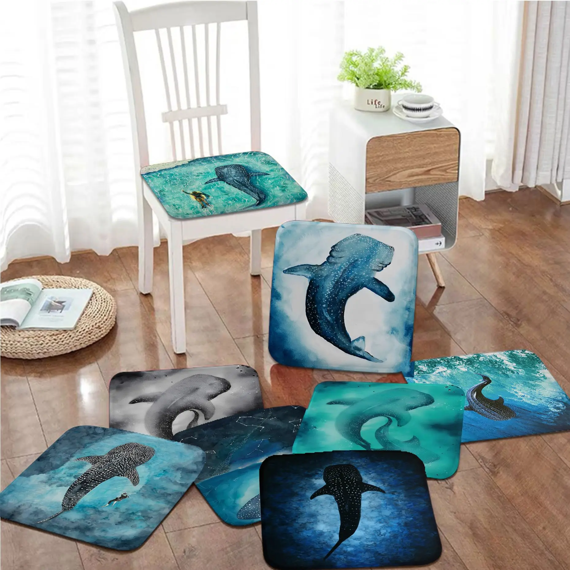 Синяя Акварельная Акула морские животные четыре сезона Подушка для стула мягкая