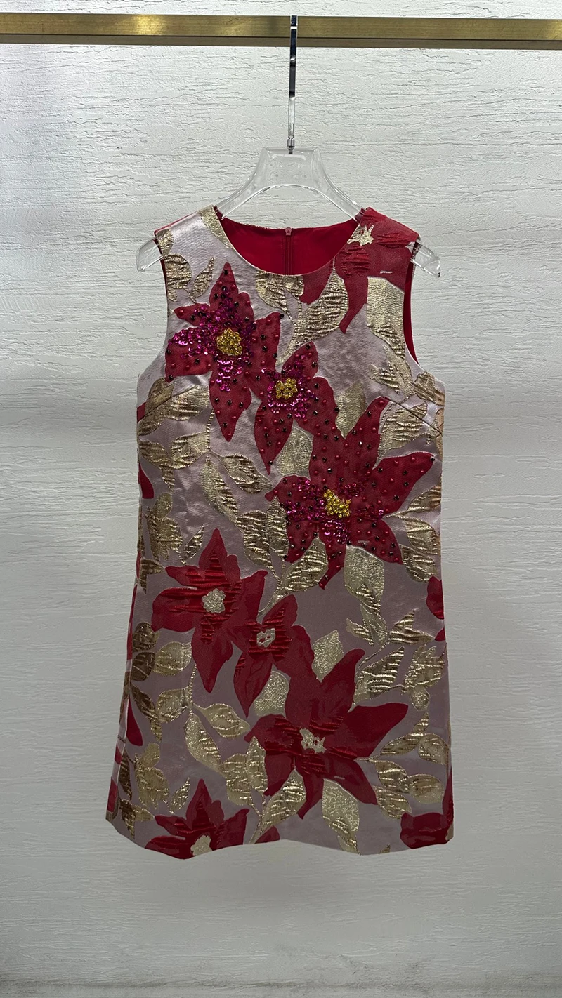 MIUXIMAO 2025 модные королевские жаккардовые летние платья красное платье с цветочным