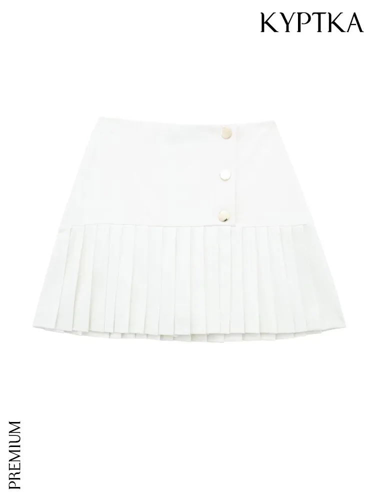 

KYPTKA Women Fashion Pleated Mini Skirt Vintage High Waist With Gold Snap Buttons Female Skirts Mujer