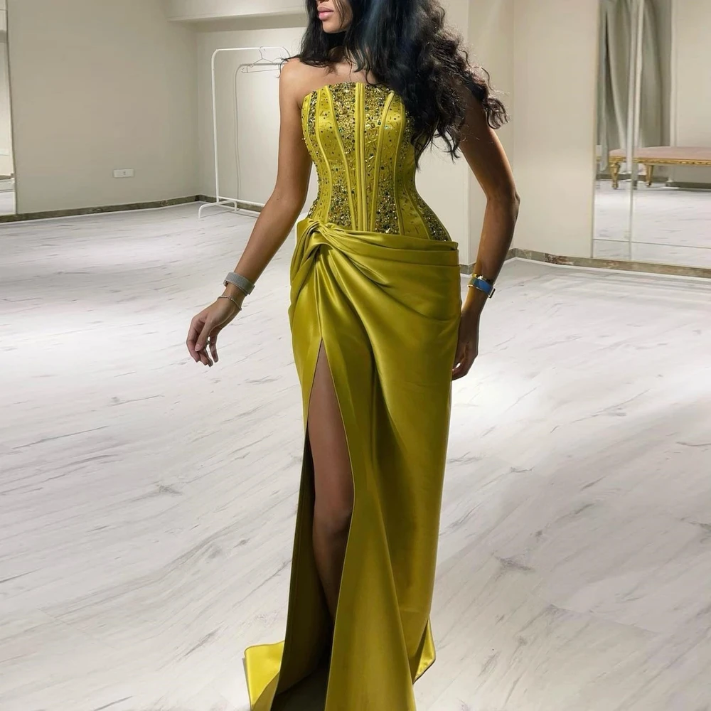 

ROSELLA Yellow Strapless Formal Occasion Dresses Pleated Floor Length Beaded Sequins Zipper Up Female Evening Gown New 2023