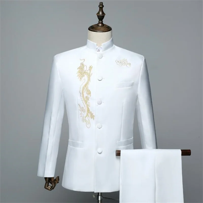 

Singer stage embroidery white chinese tunic suit men suit set with pants 2020 mens wedding suits costume groom formal dress