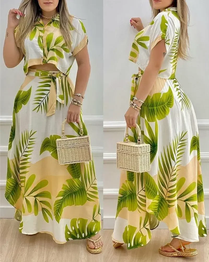 Dress Set, Summer Women's Chic Lapel Tropical Print Button Short Sleeve Top and Casual Vacation 2-Piece Set