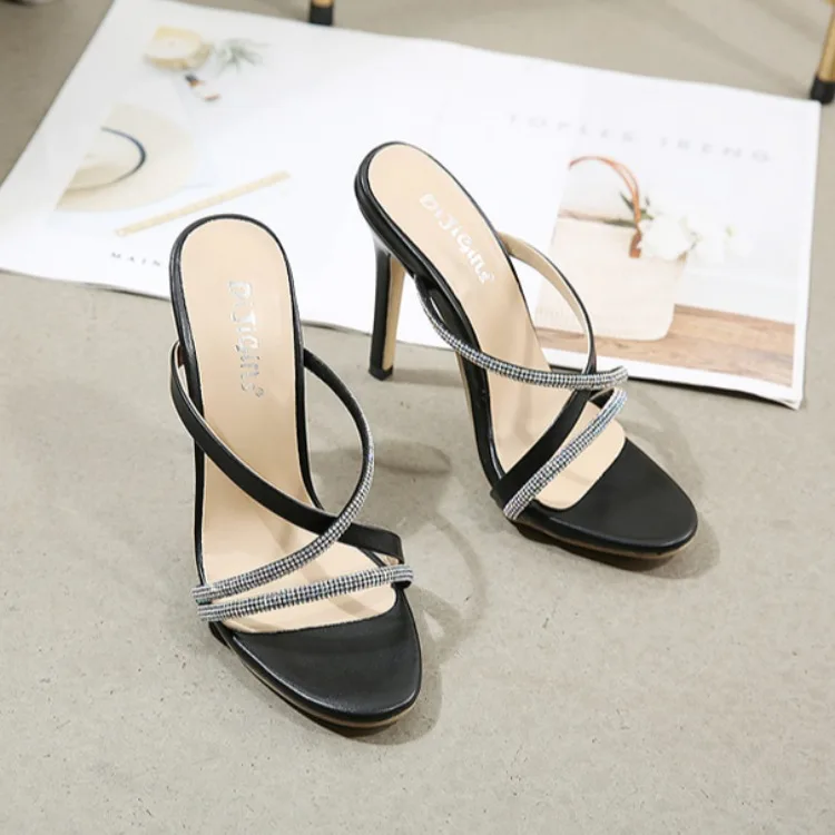 

High-Heeled Shoes Lady Ladies' Slippers Slipers Women Glitter Slides Low 2022 Soft Jelly Scandals Rome Fabric Crystal PU Concise