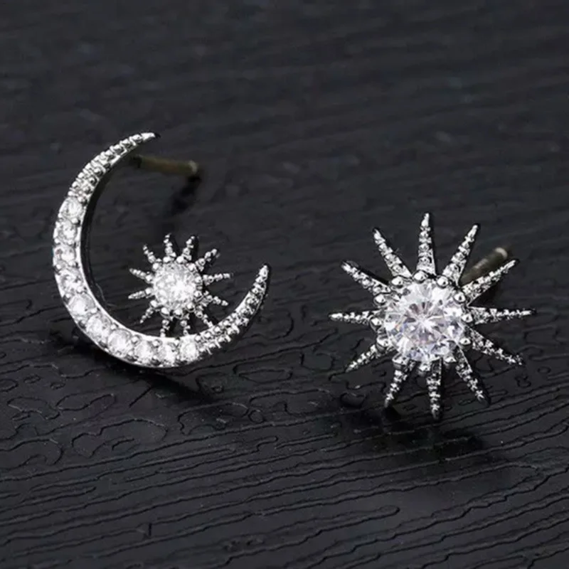 

New Trendy Silver Plated Asymmetric Star Moon Stud Earrings For Women Shine CZ Stone Inlay Fashion Jewelry Party Gift Earring
