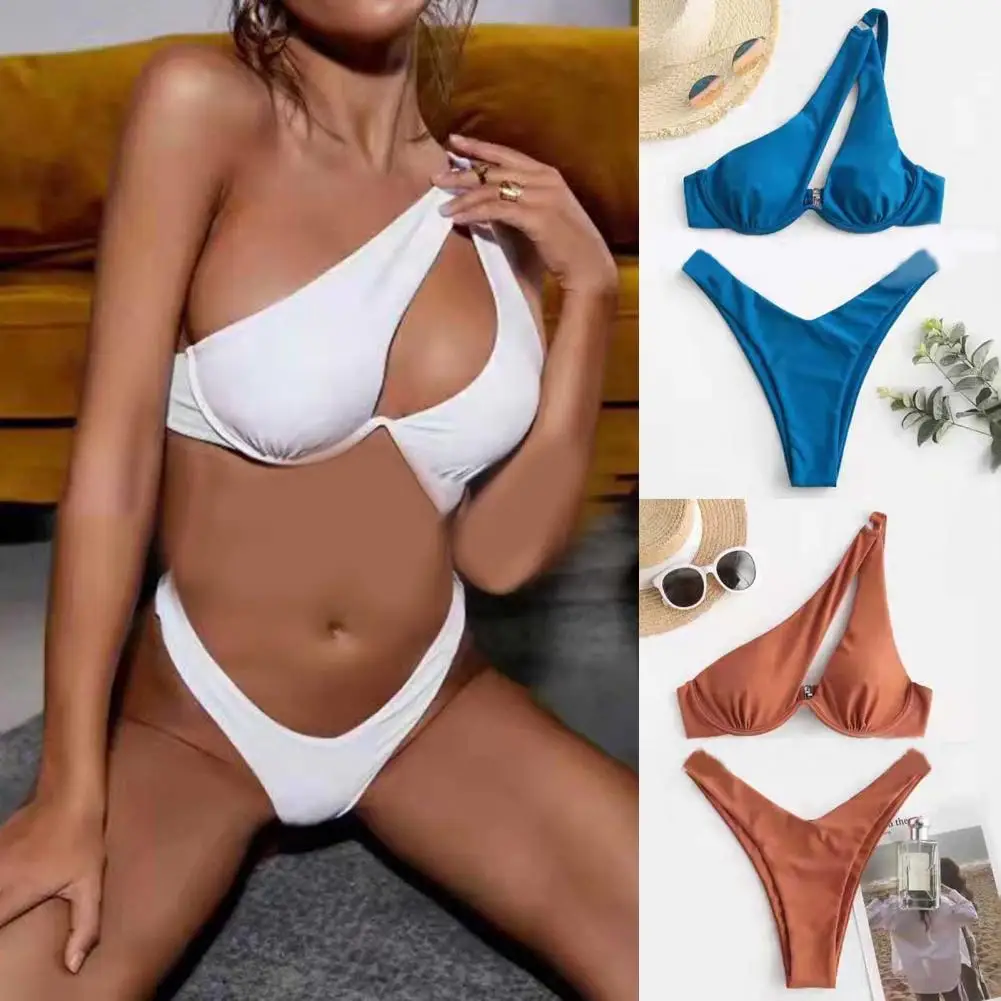

Women One Shoulder Swimsuit Padded Two Pieces Sexy Deep V Neck Solid Color Bikini Bathing Suit Swimsuit купальник женский 2022
