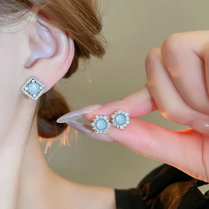 Модные геометрические серьги-гвоздики с кристаллами и цветами для женщин