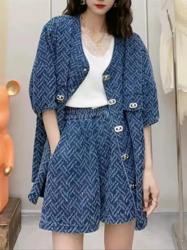 

Summer casual denim top shorts suit Korean version loose and thin wide-leg shorts jeans woman short jeans women