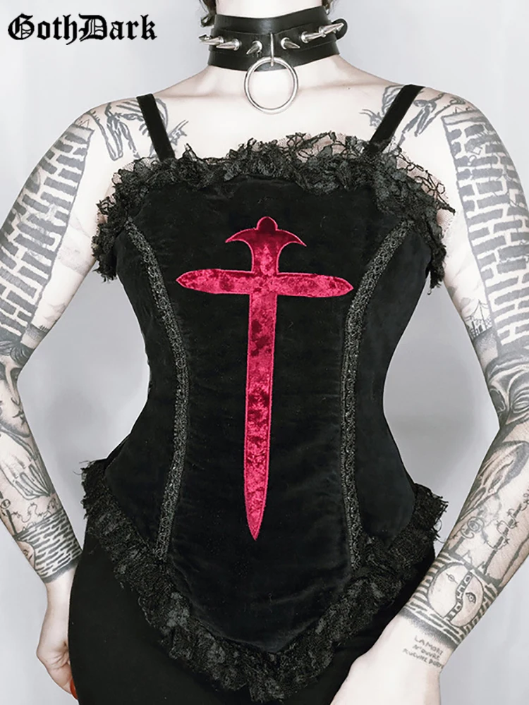 

Goth Dark Emo Cross Pattern Mall Gothic Camis Grunge Punk Aesthetic Velvet Women Crop Tops Lace Hem Black Streetwear Alt Clothes