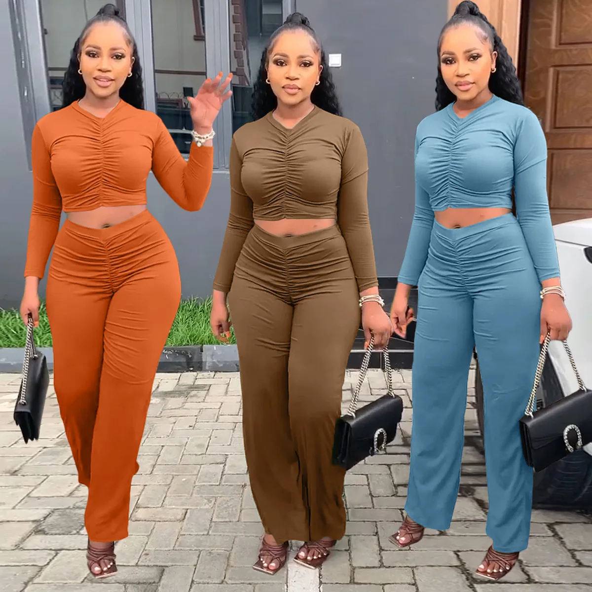 

2022 Autumn Casual Outfits Ladies Sexy OL Commuter Long Sleeve Pleated Crop Top and Pants Suit Women Tracksuit Two Piece Set