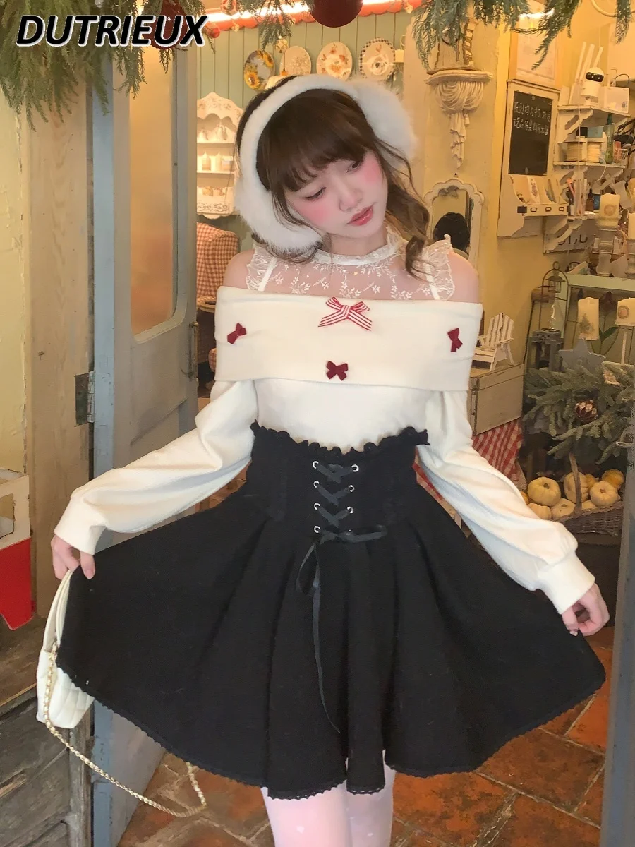 Весенне-осенний новый милый вязаный топ с длинными рукавами и бантом на плечах