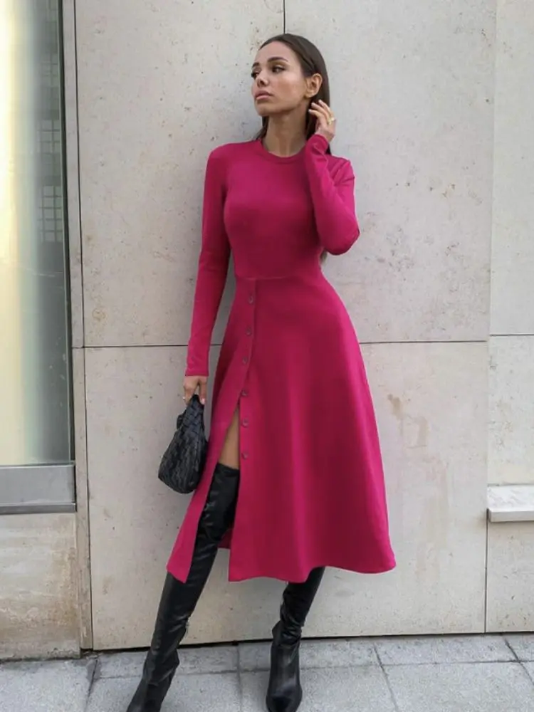 Элегантное женское платье с длинным рукавом и круглым вырезом модное средней